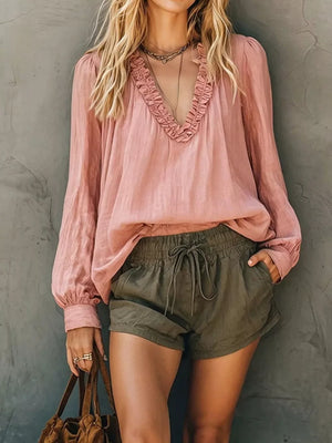 Mustard Frill V-neck Long Sleeve Blouse