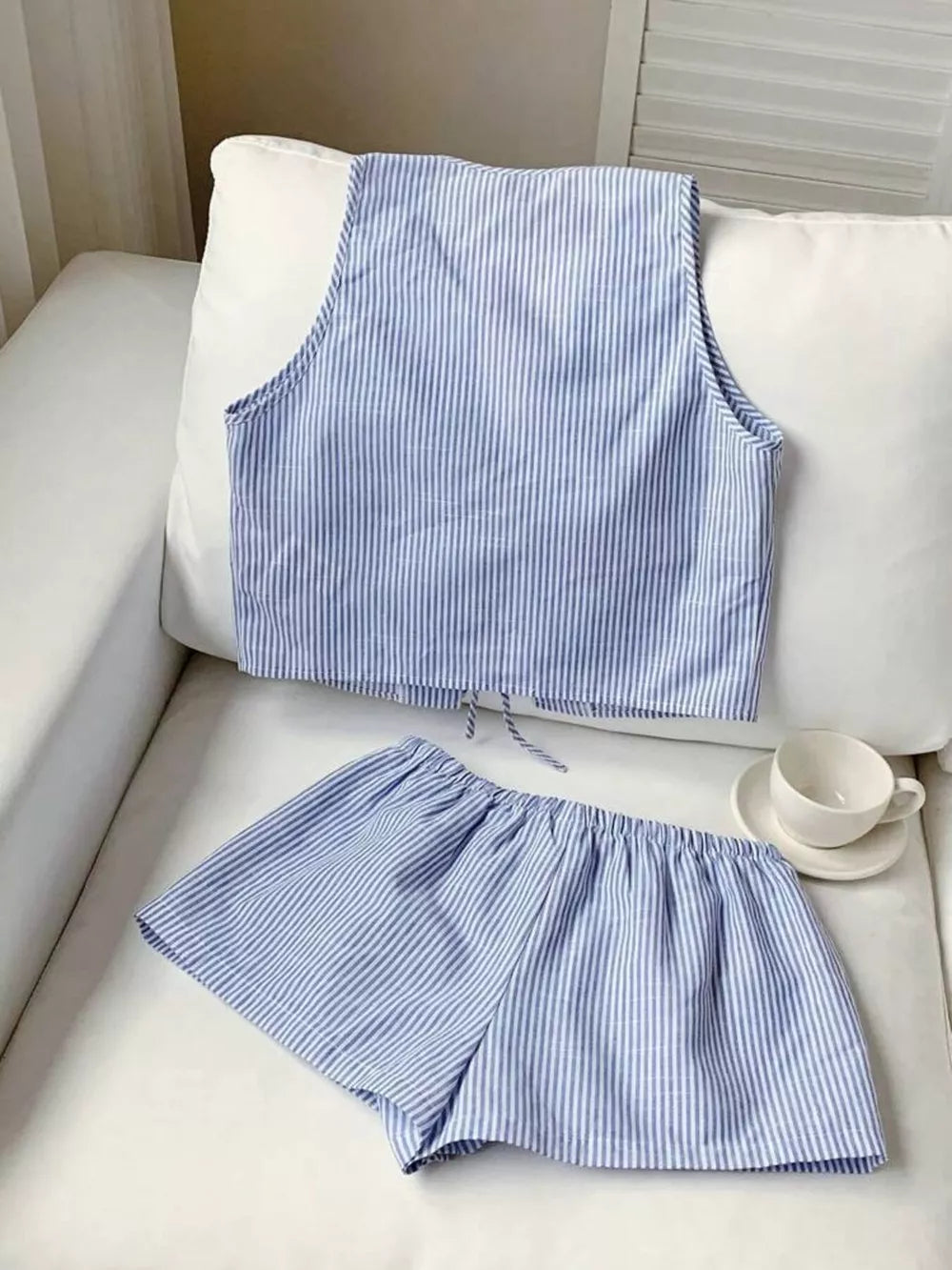 Blue striped tie-front vest and drawstring shorts set