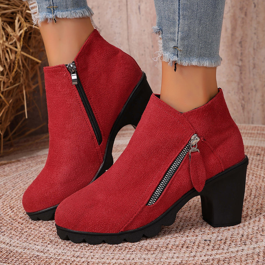 Zip-Up Round Toe Block Heels Boots in Blue with block heel
