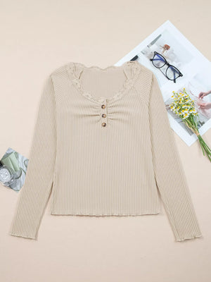 Beige ribbed long-sleeve top with lace neckline and button detail