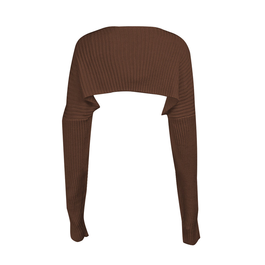 Chocolate ribbed knit shrug with extended sleeves and a cropped cut.