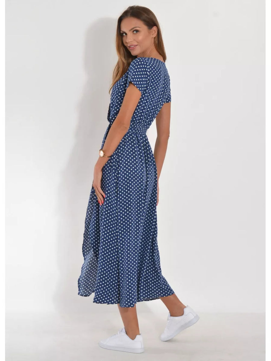 Blue polka dot midi dress with short sleeves and a wrap waist