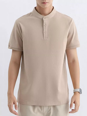 Men's apricot cotton t-shirt with mandarin collar and short sleeves.