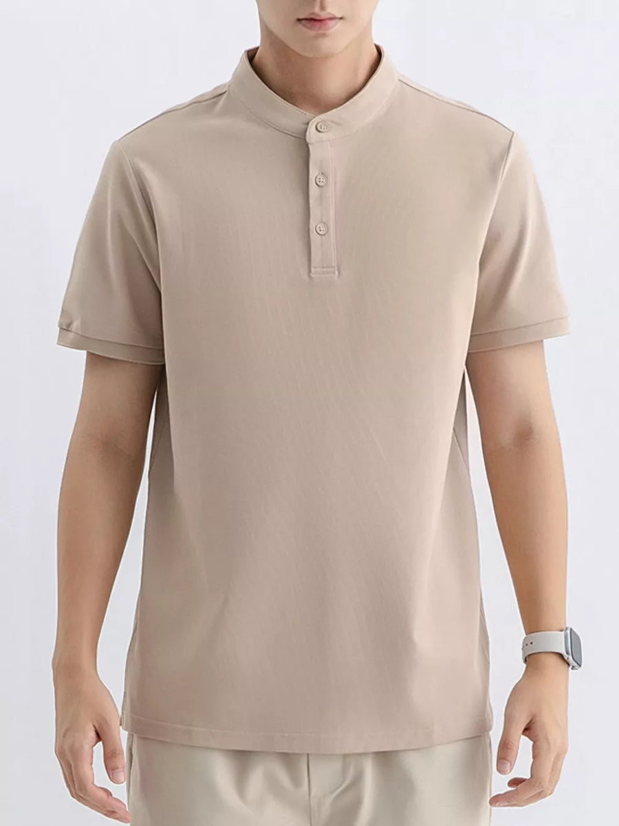 Men's apricot cotton t-shirt with mandarin collar and short sleeves.