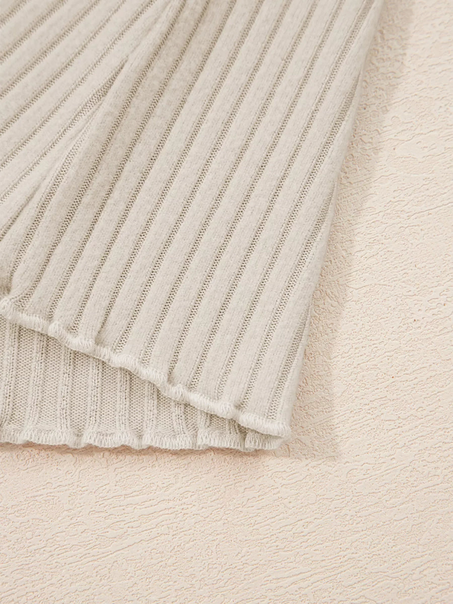 Beige ribbed long-sleeve top with delicate lace trim detail