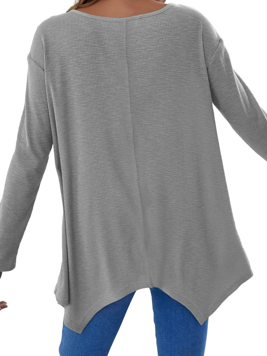Dark Gray ribbed knit tunic top with long sleeves and an asymmetric hem.
