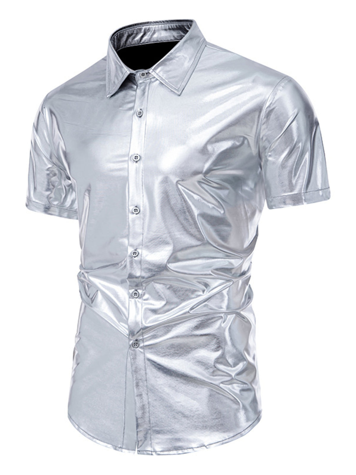 Men's silver button-up shirt with a sleek metallic finish and short sleeves.