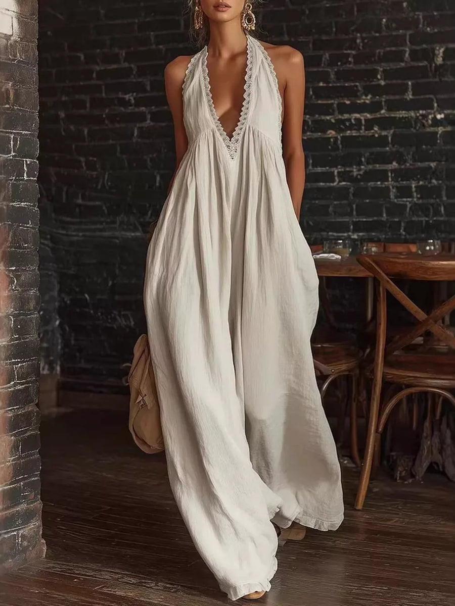 White linen halter jumpsuit with lace trim and wide legs