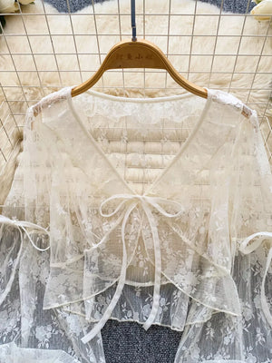 White with Sheer Lace Tie Front Flounce Sleeve Top