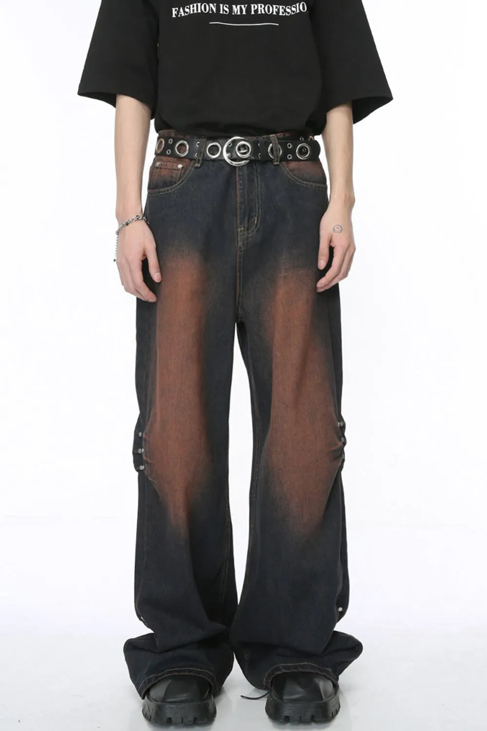 Acid wash flare jeans in dark denim with stud details and a wide leg