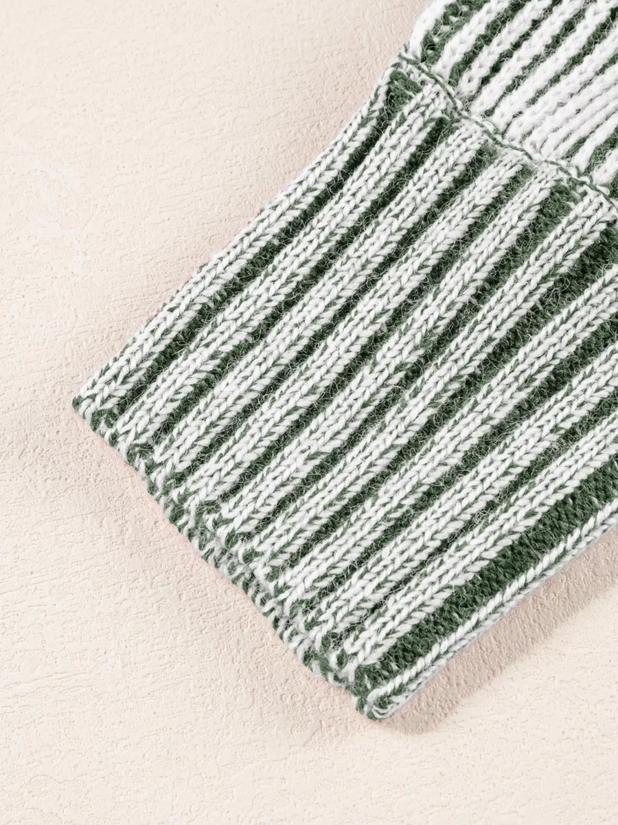 Relaxed ribbed knit sweater in stripe pattern with boat neck.