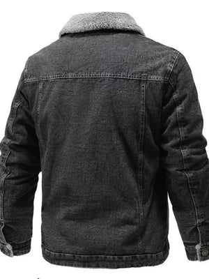 Men's black denim jacket with sherpa collar and lining, classic button-up style.