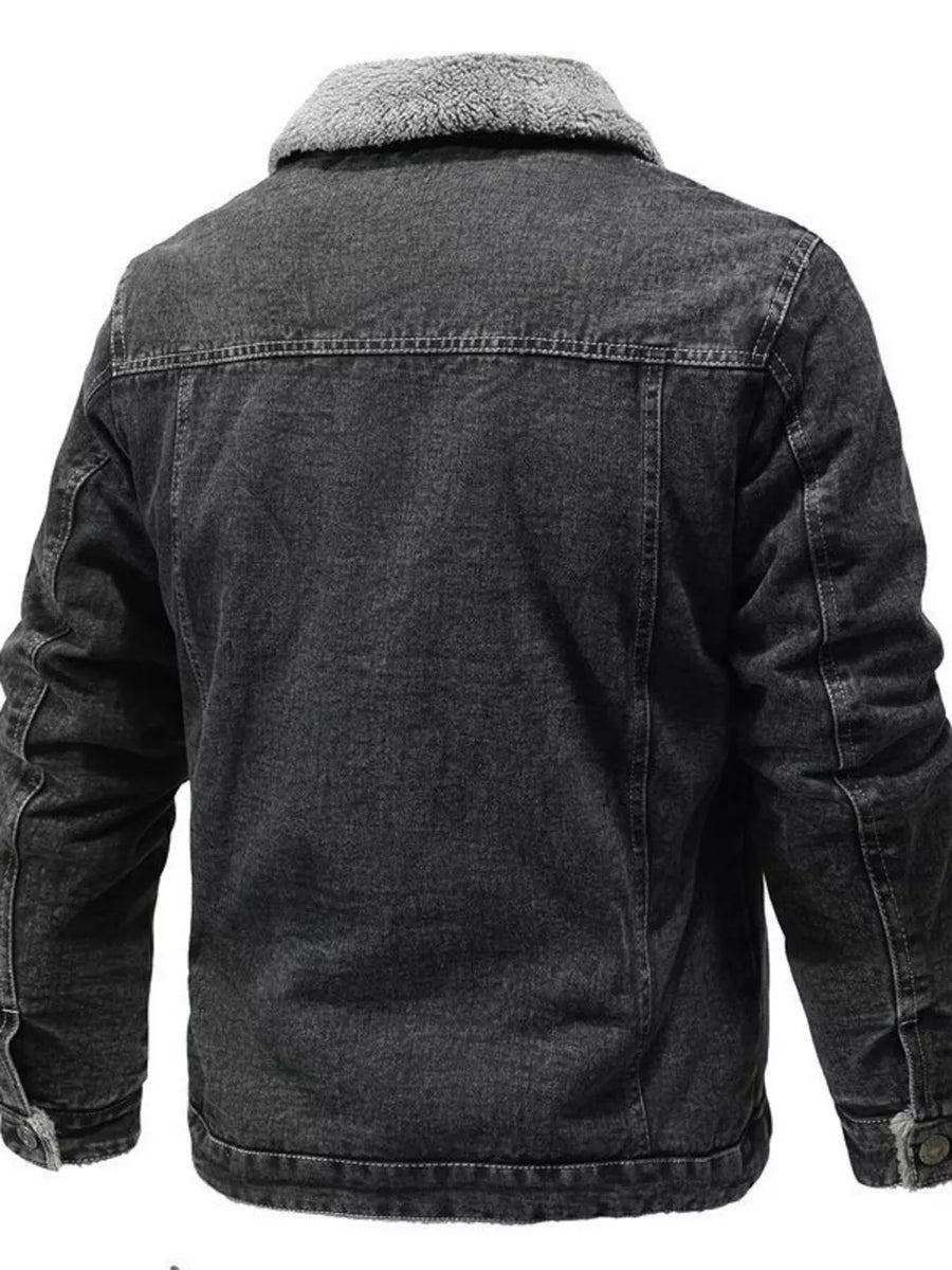 Men's black denim jacket with sherpa collar and lining, classic button-up style.