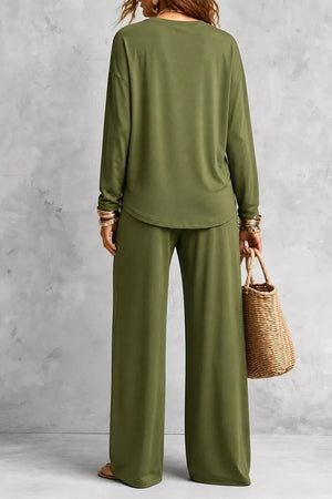 minimalist lounge set in olive green with crew neck