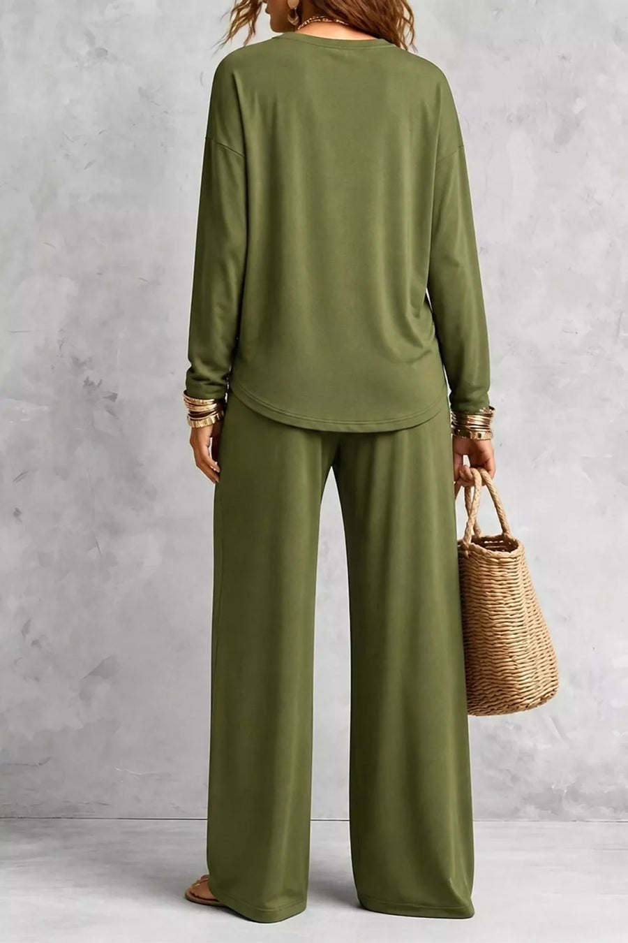 minimalist lounge set in olive green with crew neck