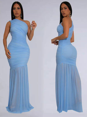 Light blue ruched bodycon maxi dress with one-shoulder neckline and sheer fishtail hem.