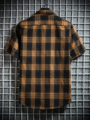 Classic plaid short-sleeve men's shirt in black and yellow cotton.