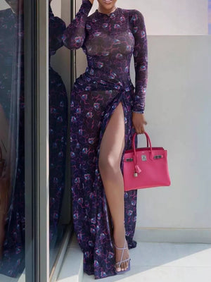 Dark Purple Sheer Floral Print Maxi Dress With High Slit