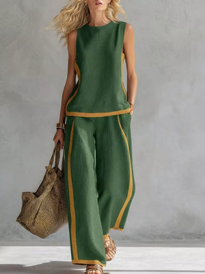 Green sleeveless tank and wide-leg pants set with yellow trim, polyester