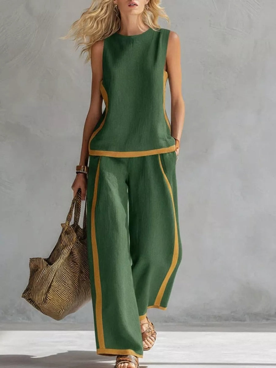 Green sleeveless tank and wide-leg pants set with yellow trim, polyester