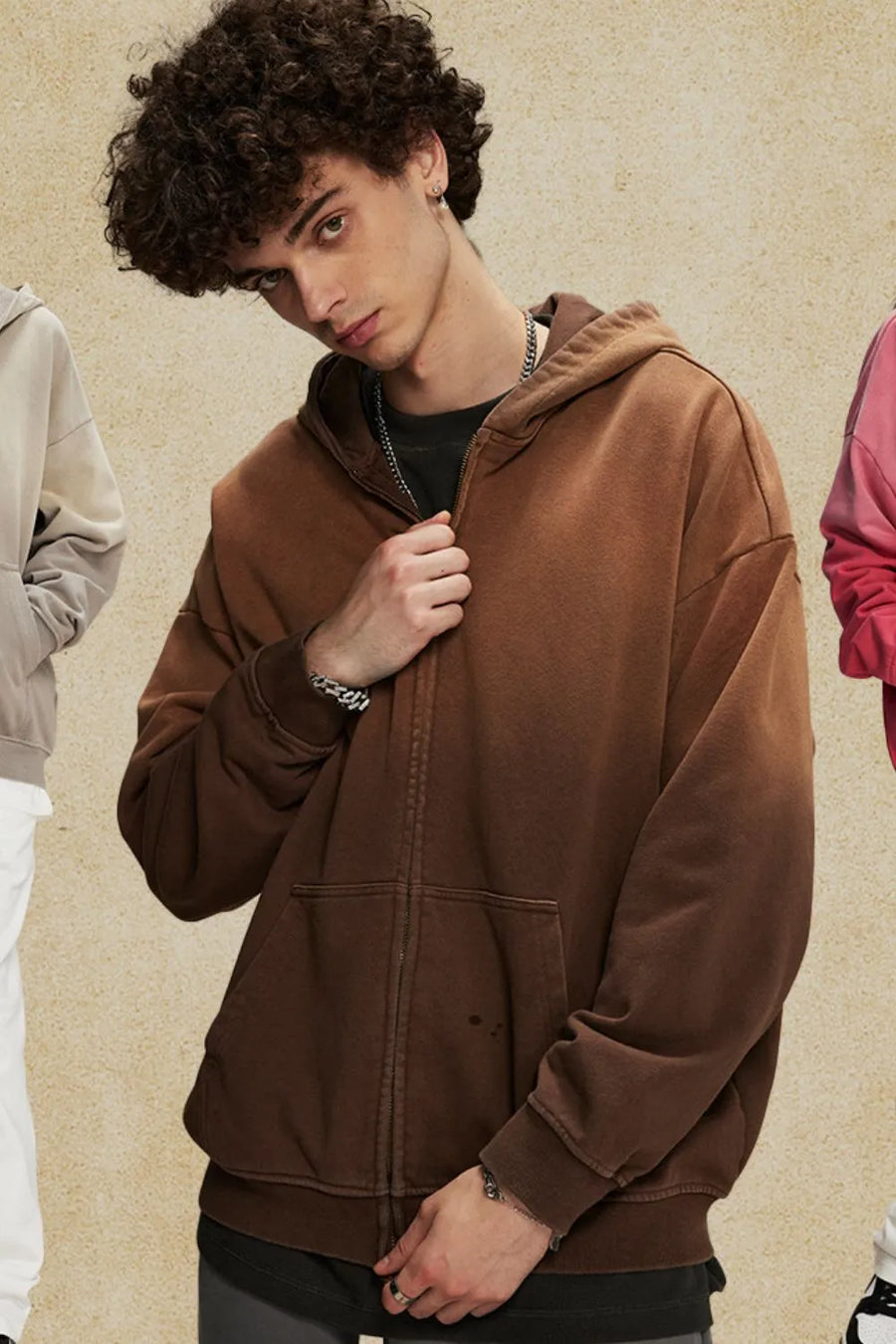 Vintage wash oversized zip-up hoodie in coffee brown with a front pocket.