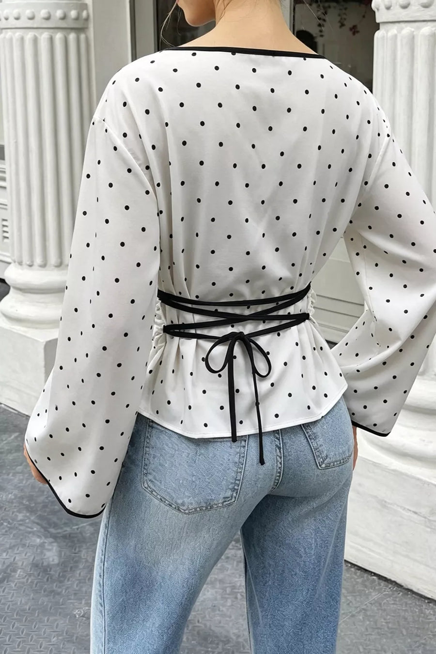 White with Polka Dot Flare Sleeve Blouse