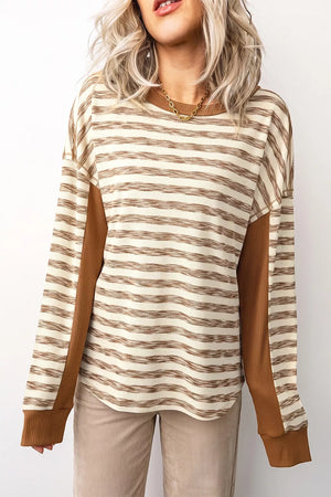 cream pullover sweater with striped and round neck