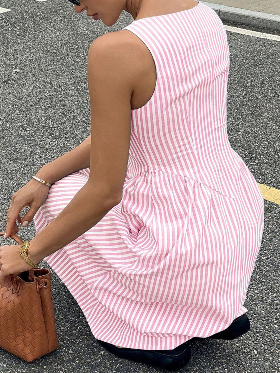 Pink and white striped midi dress with a square neck and a-line skirt.
