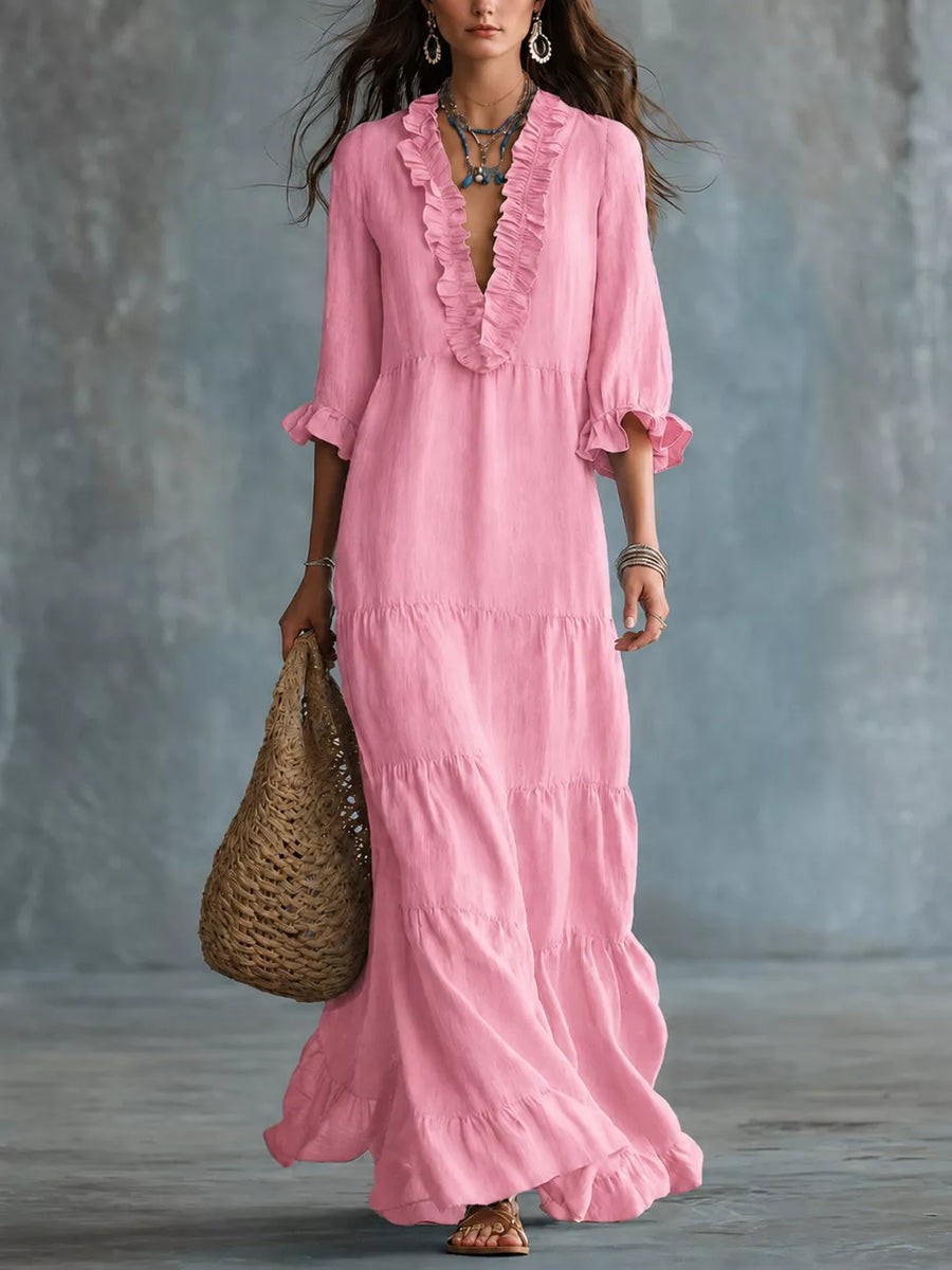 light blue A-line maxi dress with v-neck