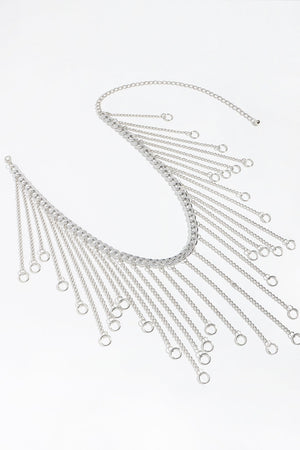 Silver chainmail belt with cascading fringe chains and rings.