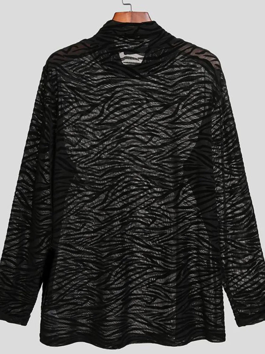 Black sheer zebra-striped mock neck long sleeve top