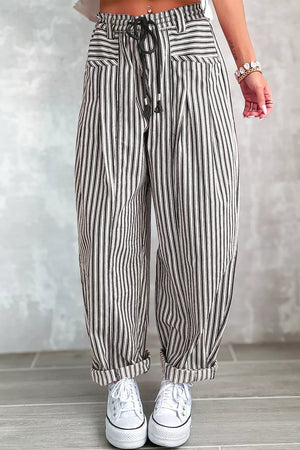 crimson red wide-leg pants with drawstring and striped