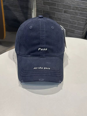 Navy blue distressed cotton baseball cap with embroidered "Pass" and "All the pass" slogans.