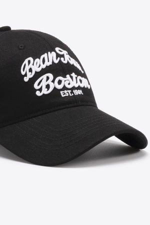 Black baseball cap with white embroidered "Bean Town Boston EST. 1991" text