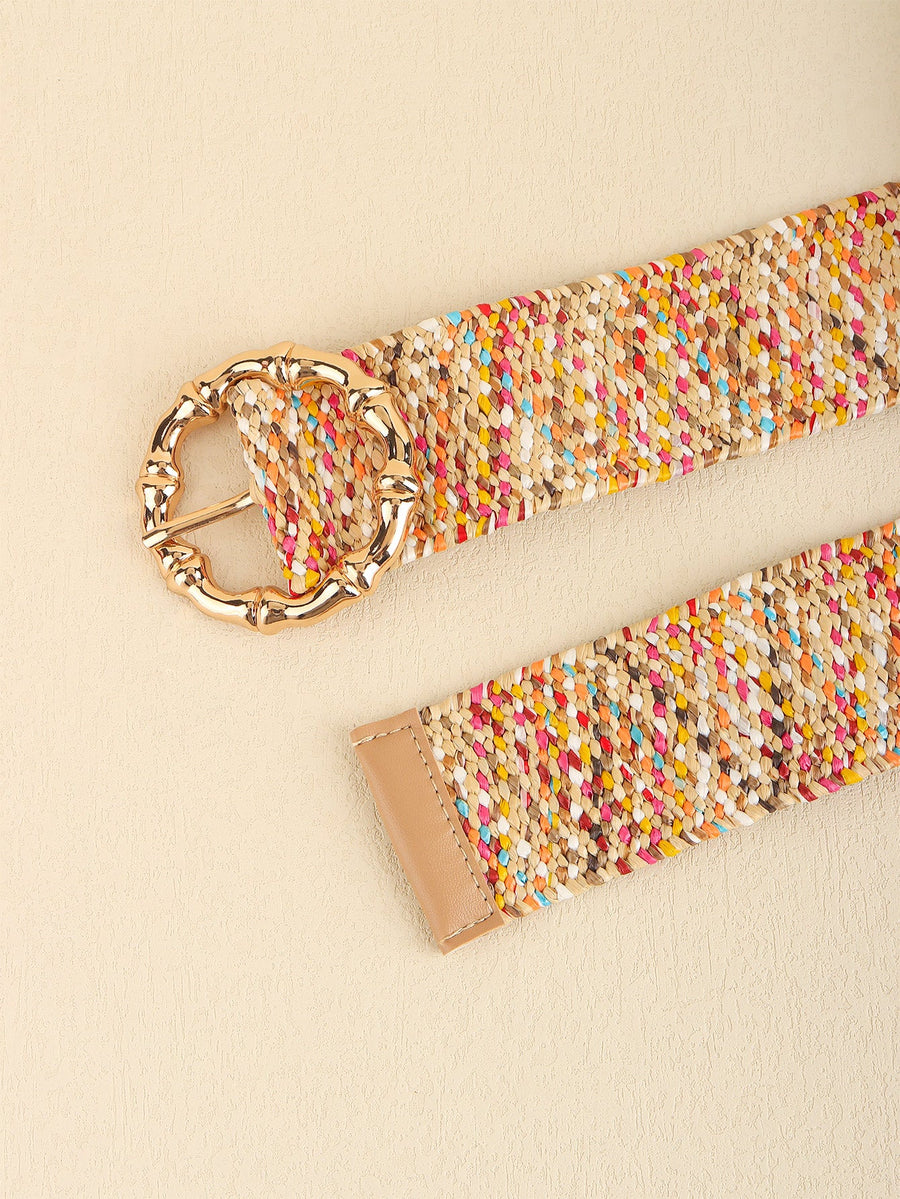 Woven raffia belt with multicolor flecks and a sculpted gold buckle.