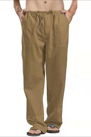 Men's taupe linen drawstring trousers with relaxed fit and side pockets.
