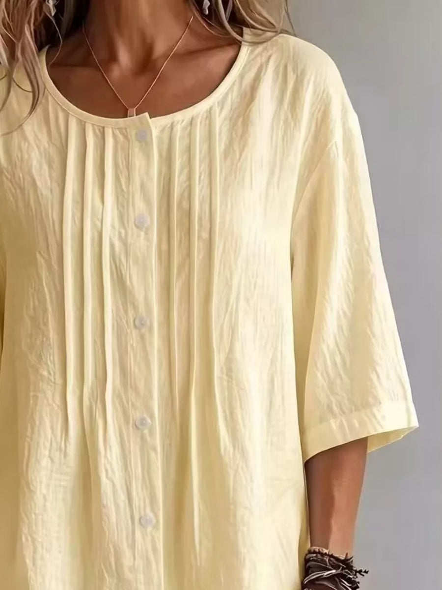 Full Size Texture Round Neck 3/4 Sleeve Blouse in Pink