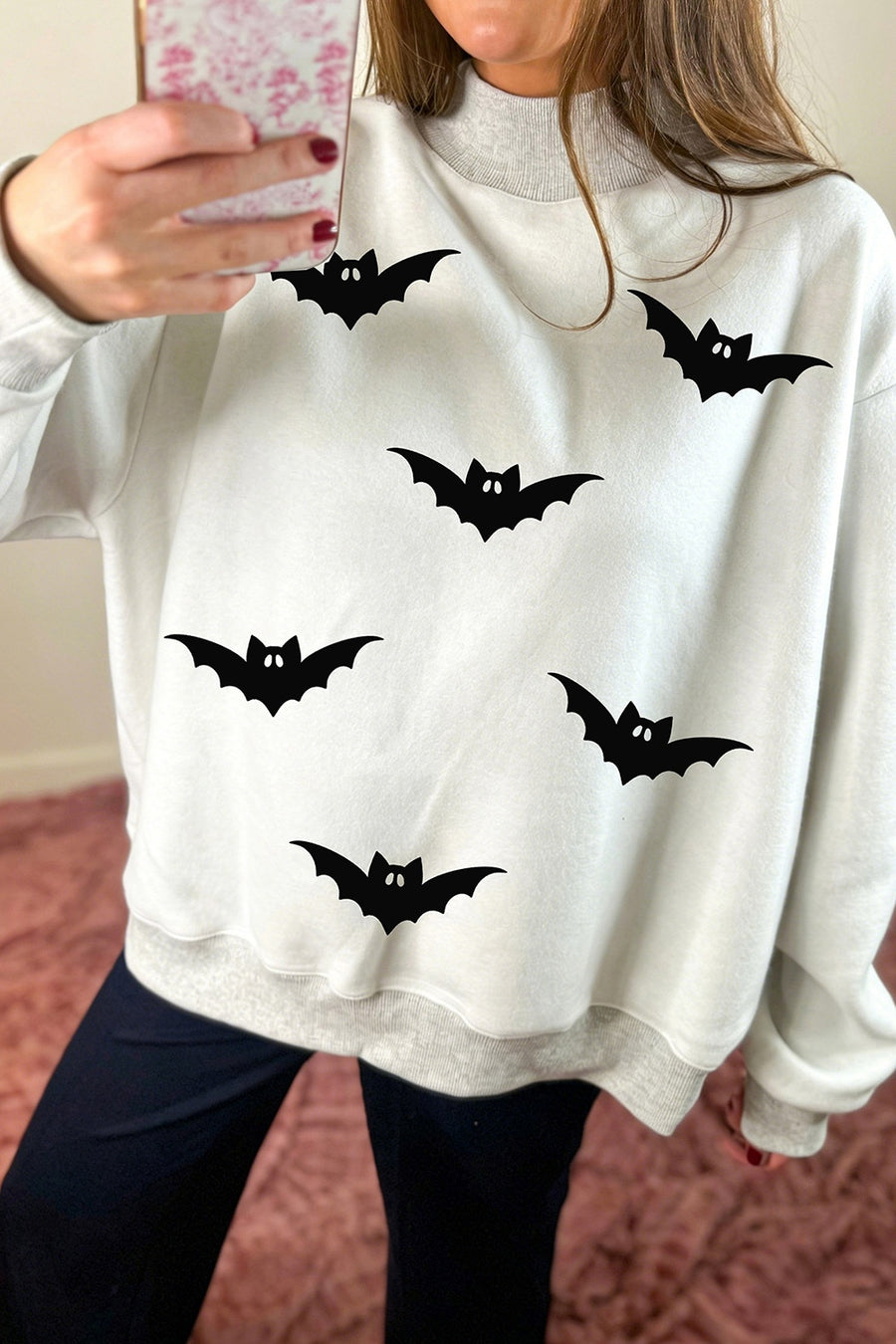 mock neck sweater in Light Gray with bat-print and reversible