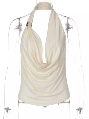 Apricot cowl neck ruched tank top with gold detail