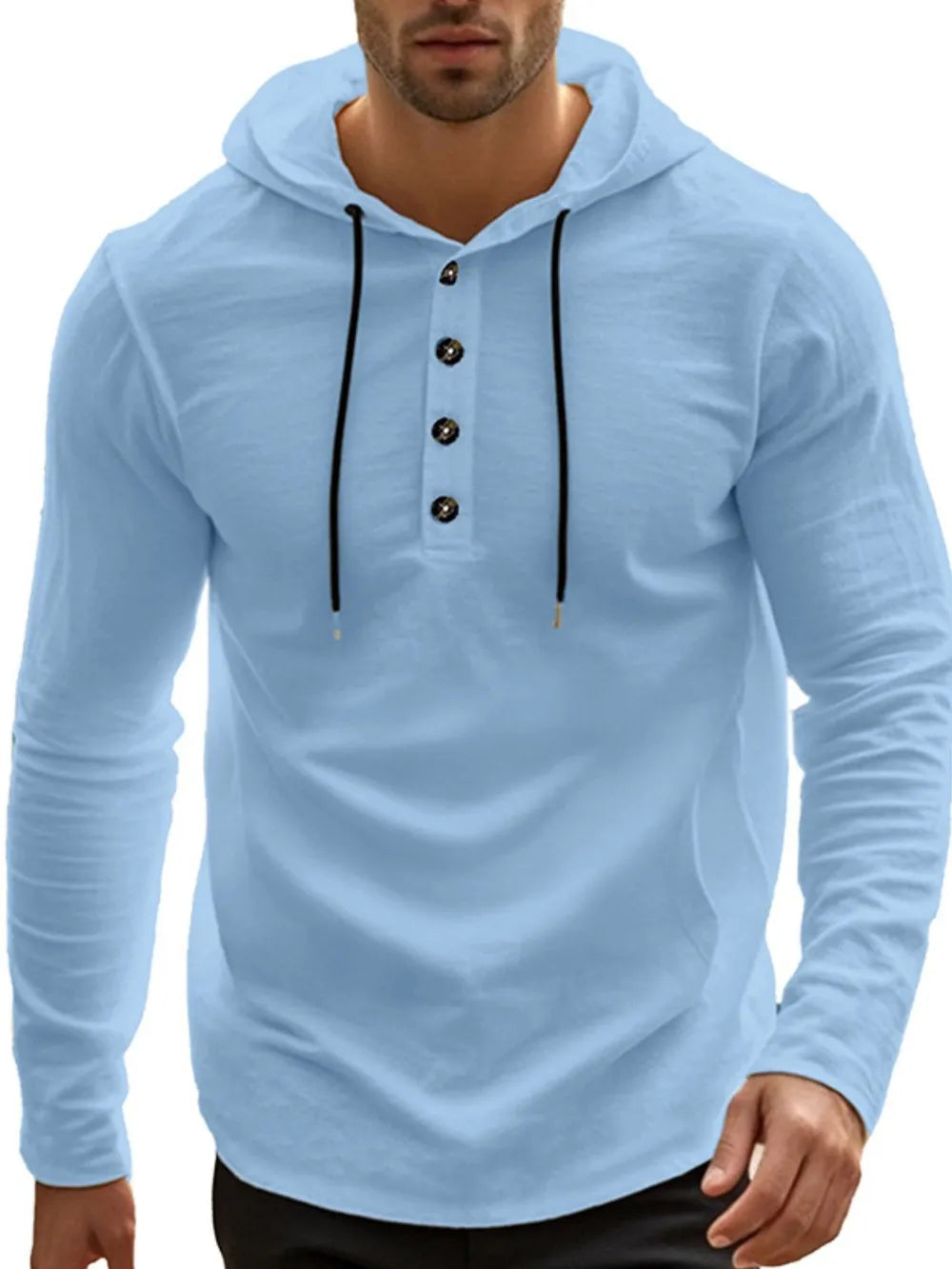 Light blue hooded linen blend henley shirt with button placket and black drawstrings.