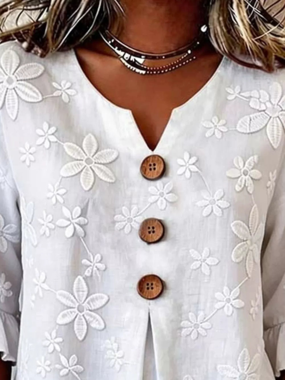 Full Size Floral Button Decor 3/4 Sleeve Blouse in White