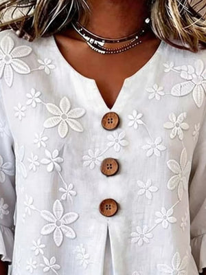 Full Size Floral Button Decor 3/4 Sleeve Blouse in White