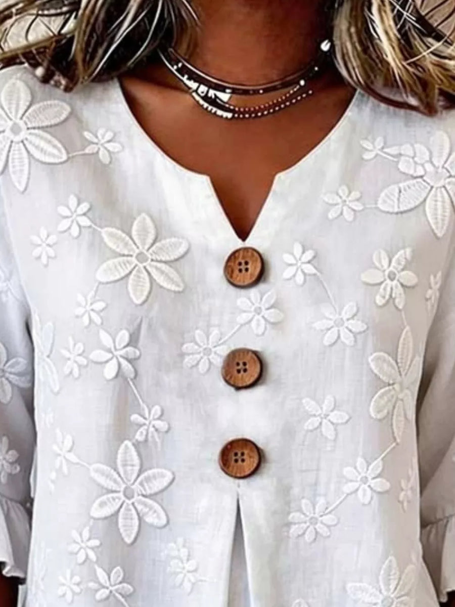Full Size Floral Button Decor 3/4 Sleeve Blouse in White