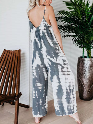 Jumpsuit with spaghetti straps, gray and white tie-dye pattern, v-neck, wide leg