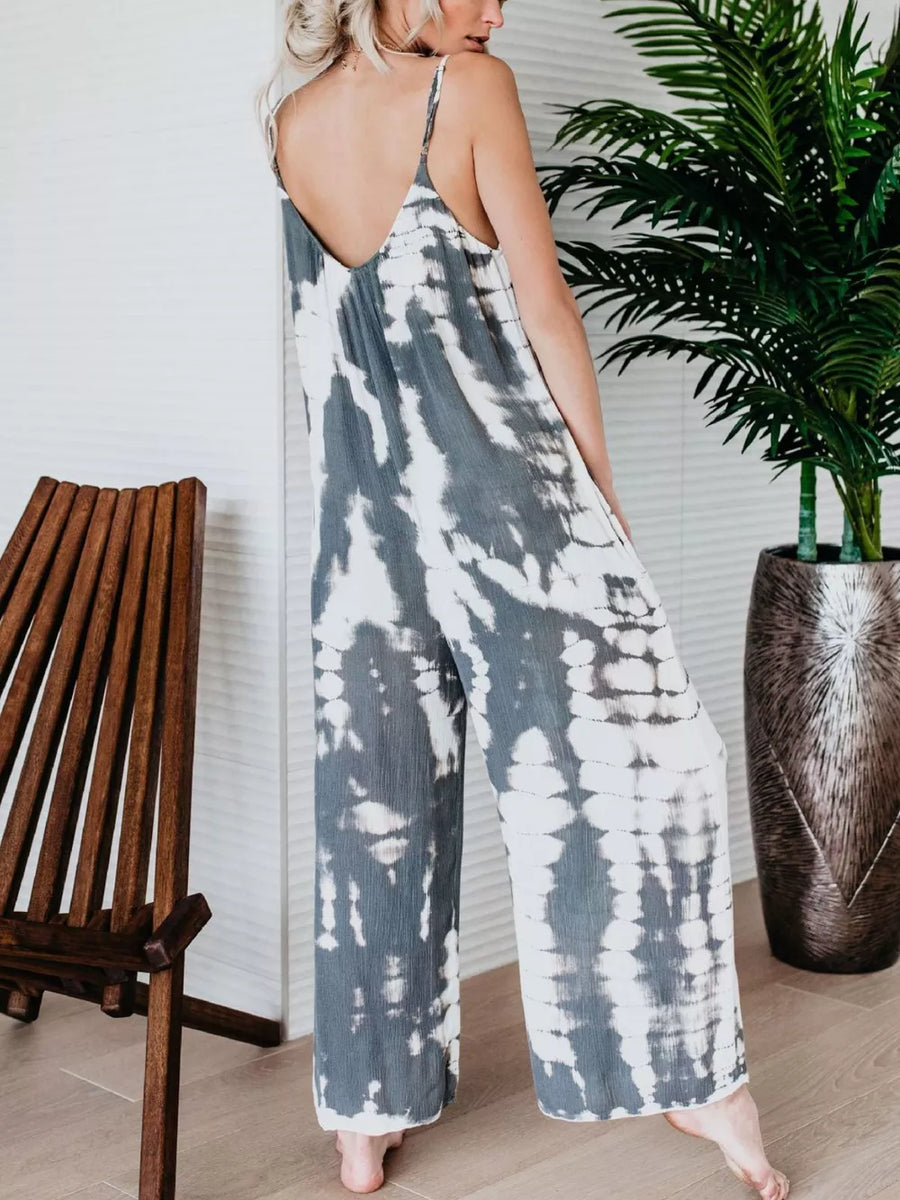 Jumpsuit with spaghetti straps, gray and white tie-dye pattern, v-neck, wide leg