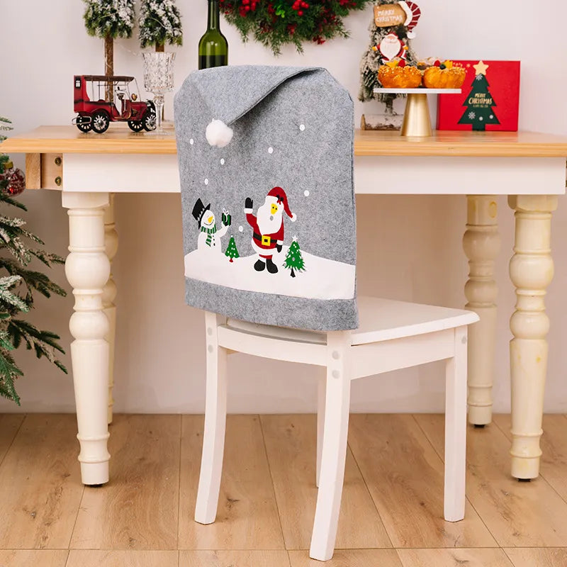 Gray chair cover with Santa and snowman applique, festive holiday design