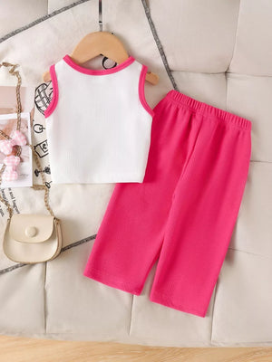 Children's Ribbed Bow Tank Top And Pants Set in 玫红色, view 11