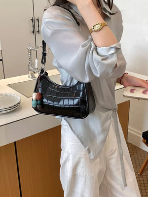 PU Leather Imported Size &amp shoulder bag in black with curved baguette silhouette