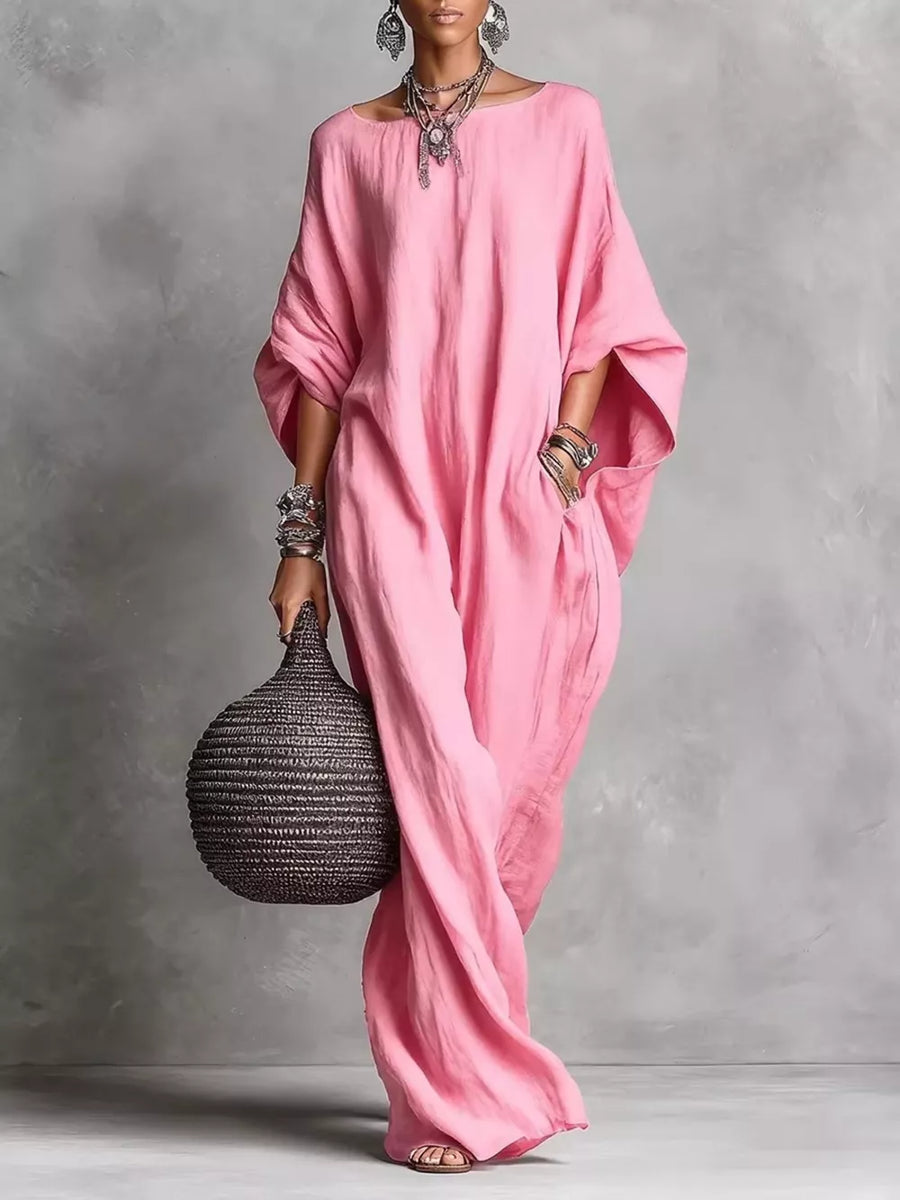 Red Loose Fit Boat Neck Maxi Dress