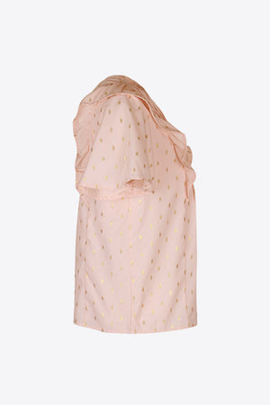 Watermelon pink dotted ruffle front button-down blouse with short sleeves.